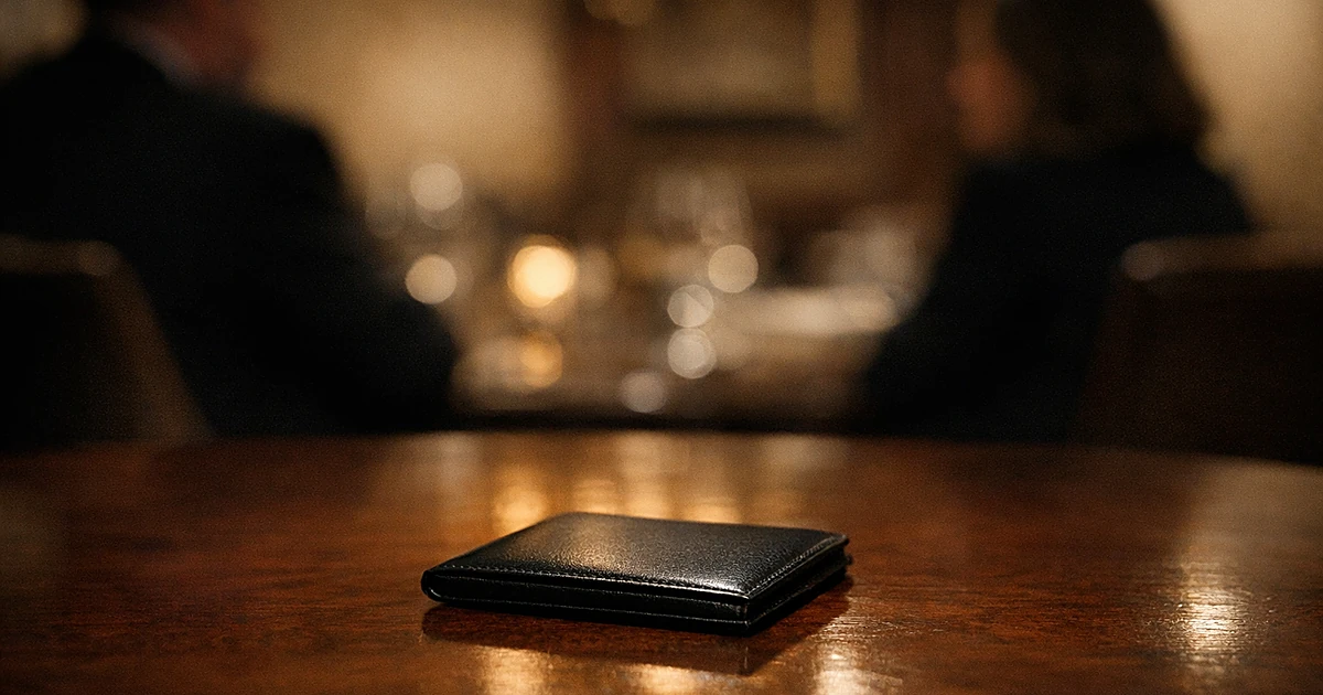 Credit card holder on polished table between two silhouetted figures in upscale dining room