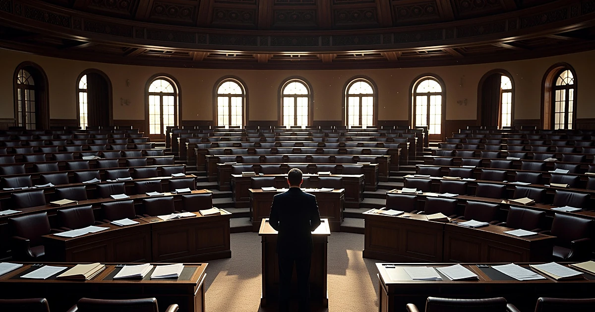 Silhouetted figure at podium facing empty legislative chamber with scattered papers on desks