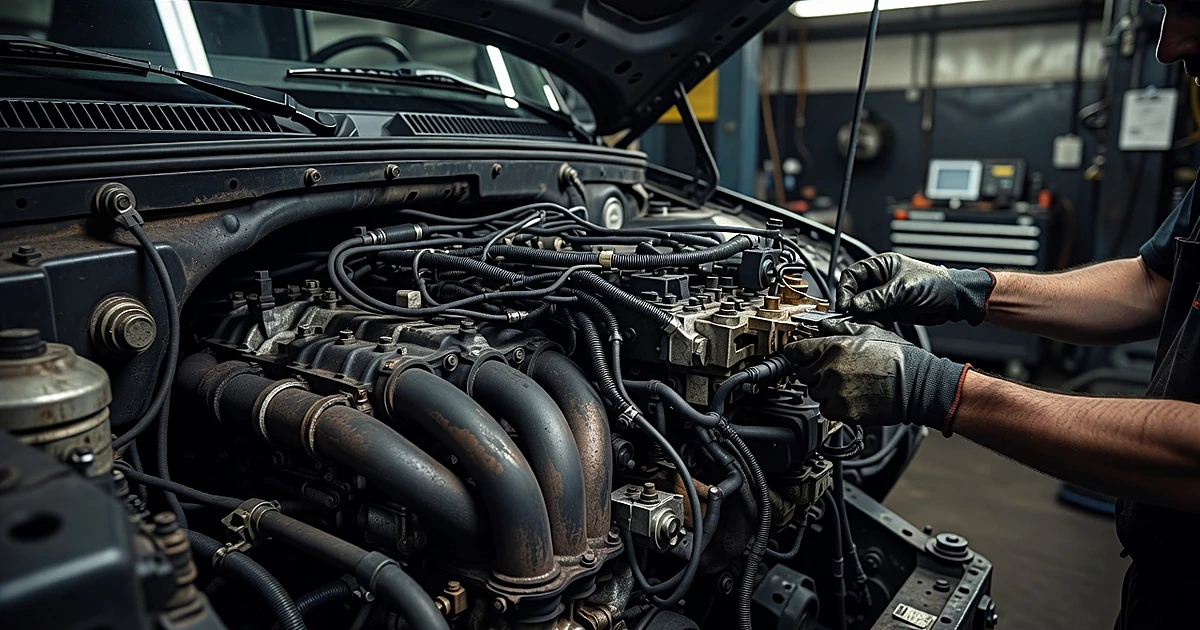 Close-up of diesel truck engine components being serviced in automotive repair shop with mechanic's hands working