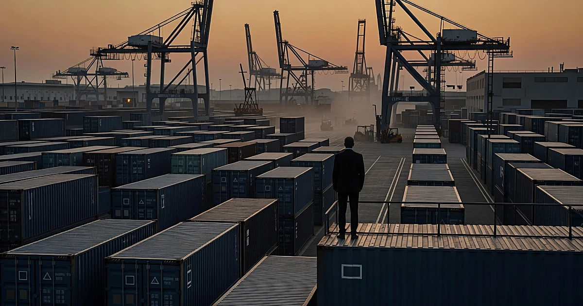 Silhouetted figure overlooking shipping containers at industrial port during dusk with cranes in background
