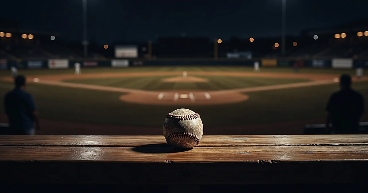 Baseball on empty stadium dugout bench under dramatic night lighting with blurred field background