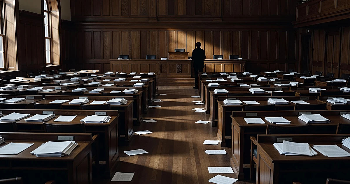 Empty legislative chamber with scattered papers and silhouetted figure at podium