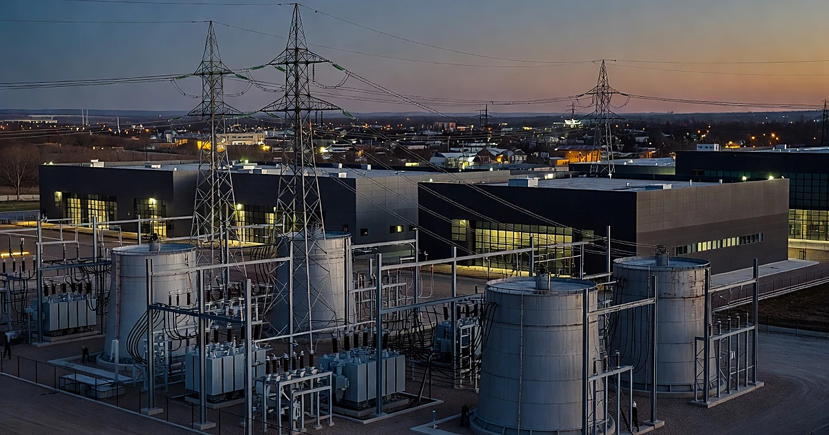 Data center facility with electrical transmission infrastructure connecting to nearby town at dusk