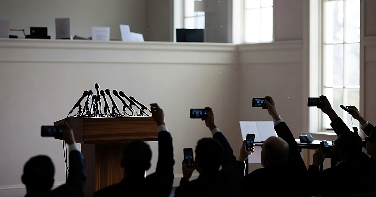 White House press briefing room with empty podium and silhouetted reporters holding devices from behind