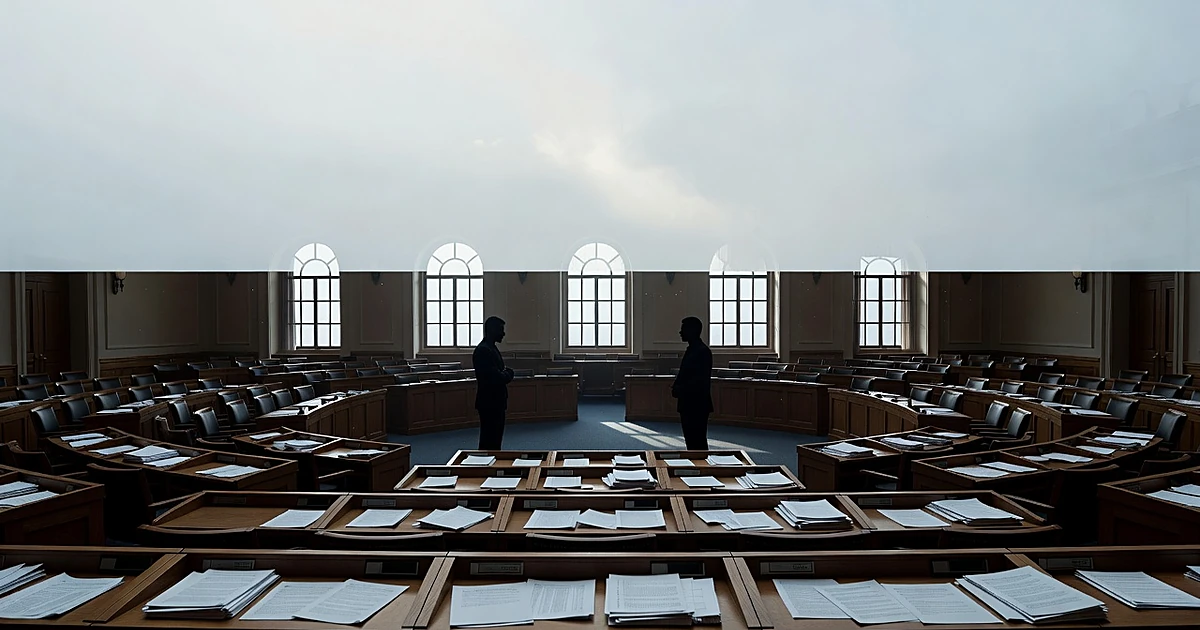 Empty legislative chamber with scattered papers and two silhouetted figures standing in opposition