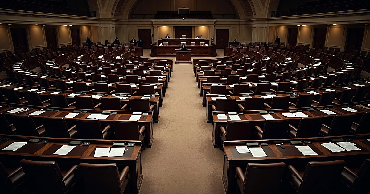 Empty legislative chamber with wooden desks and scattered papers on both sides of central aisle