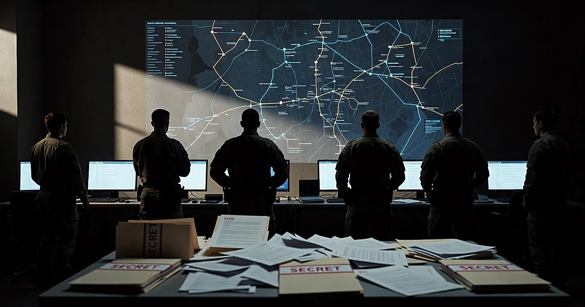 Military command center with illuminated tactical map and scattered classified documents on table in foreground
