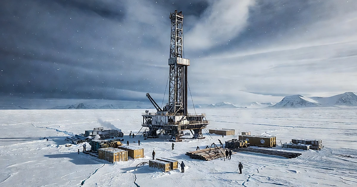 Industrial drilling rig on arctic ice field in Greenland with mountains in background