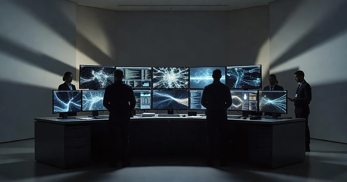 Government operations room with silhouetted figures monitoring glowing computer screens showing data patterns