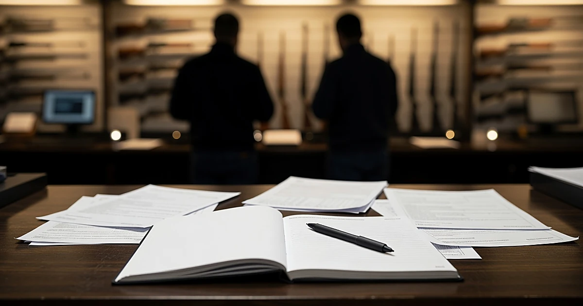 Gun store counter with blank dealer logbook, scattered compliance forms, and customer silhouettes examining rifles