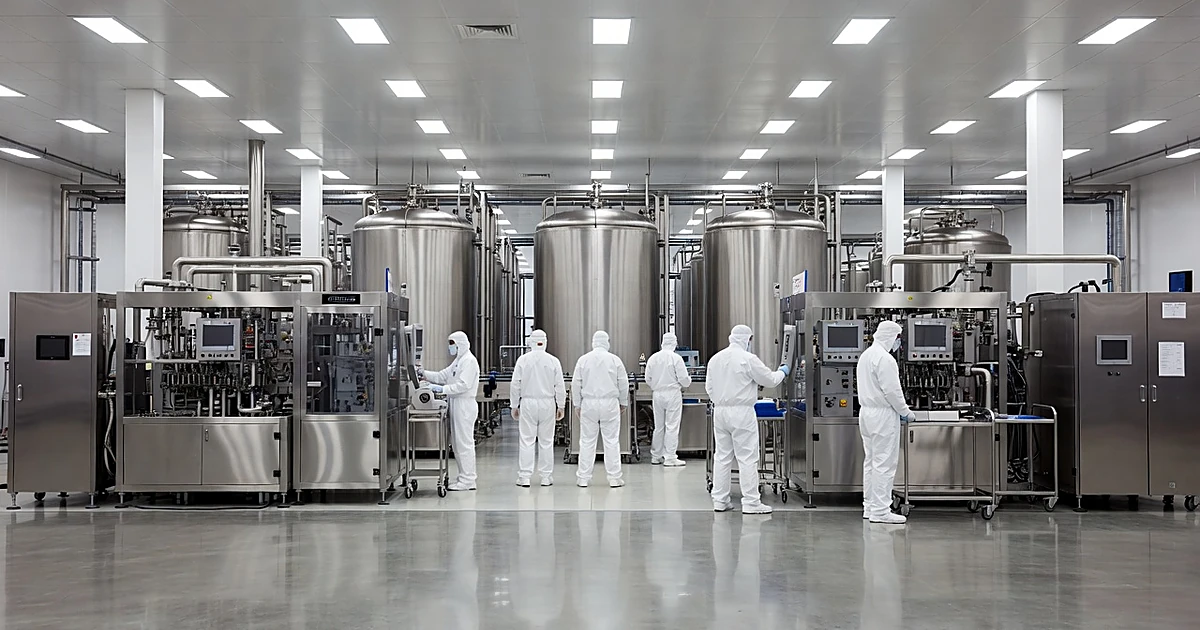 Interior of large pharmaceutical manufacturing plant with stainless steel equipment and workers in protective suits