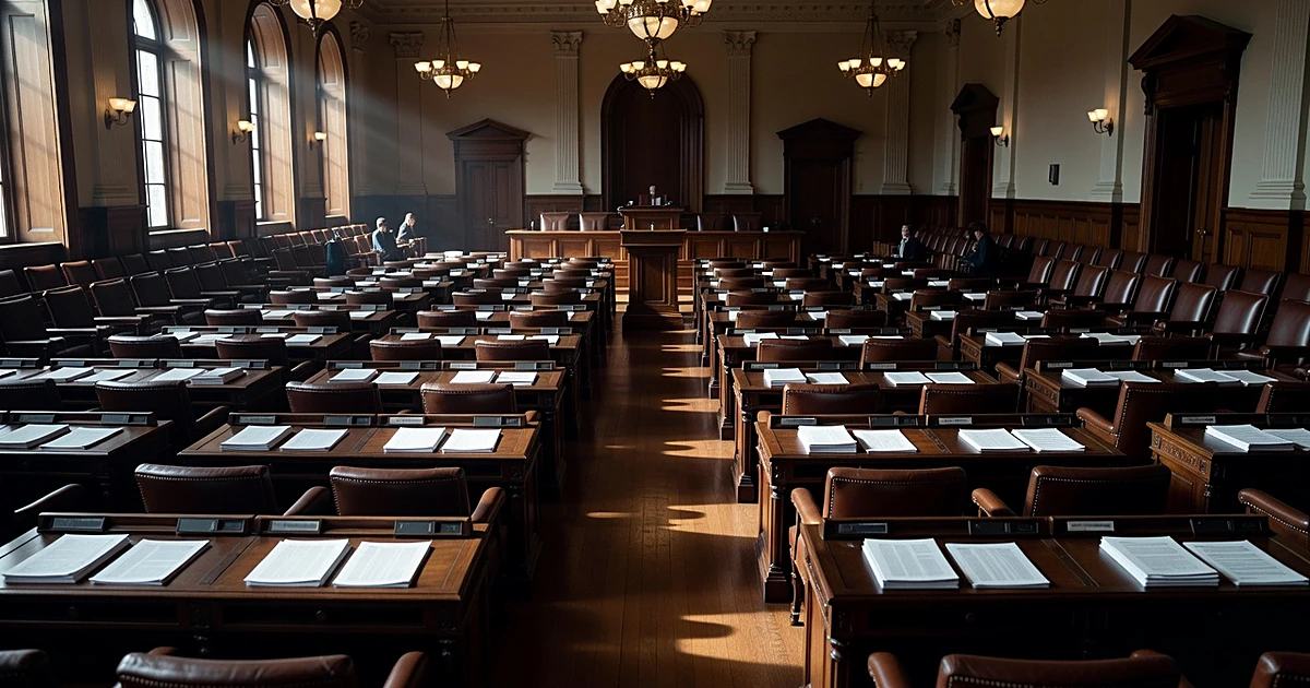 Empty legislative chamber with scattered documents on desks, dramatic lighting from overhead chandeliers