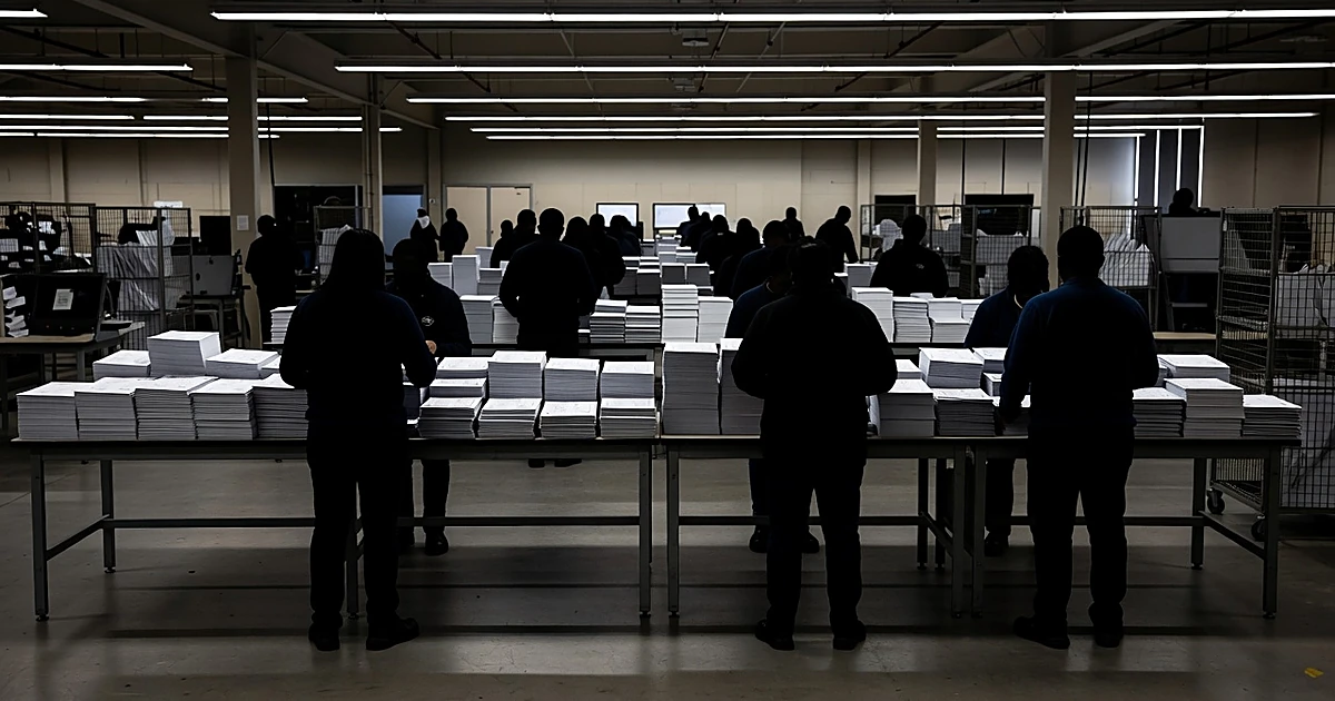 Silhouetted election workers sorting ballot envelopes at long tables inside large county processing facility