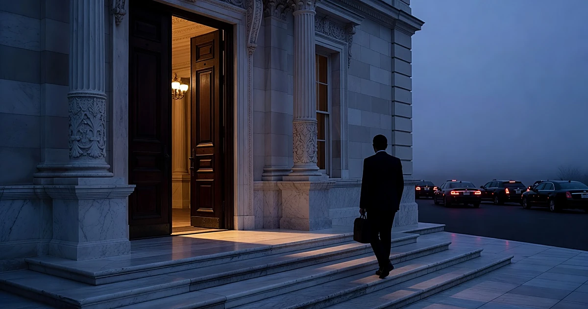 Silhouetted figure departing grand embassy building at dusk with glowing interior lights and waiting vehicles