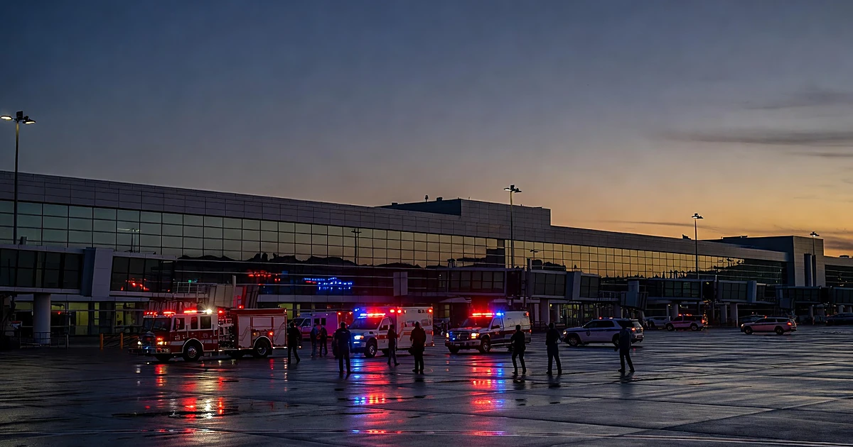 Emergency vehicles with flashing lights positioned at international airport terminal at dusk