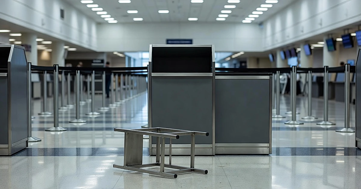 Empty TSA checkpoint podium with removed chair lying on terminal floor