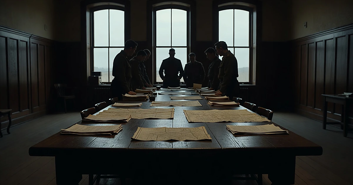 Silhouetted figures around a table with vintage maps in a wartime planning room