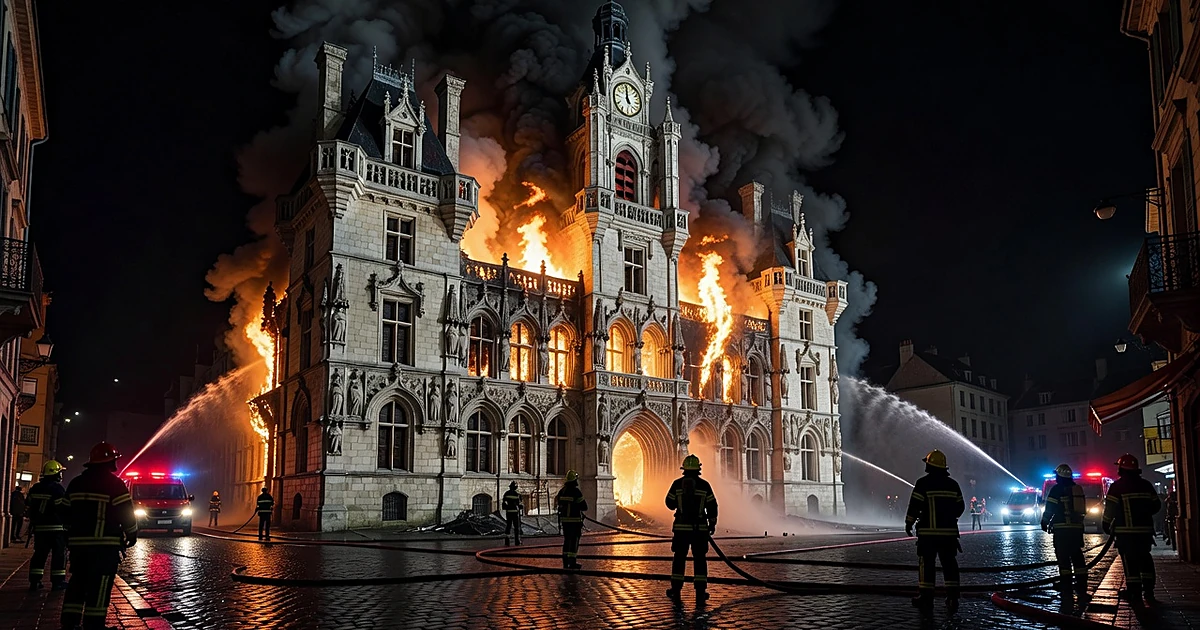 Historic town hall building on fire at night with emergency vehicles and firefighter silhouettes responding
