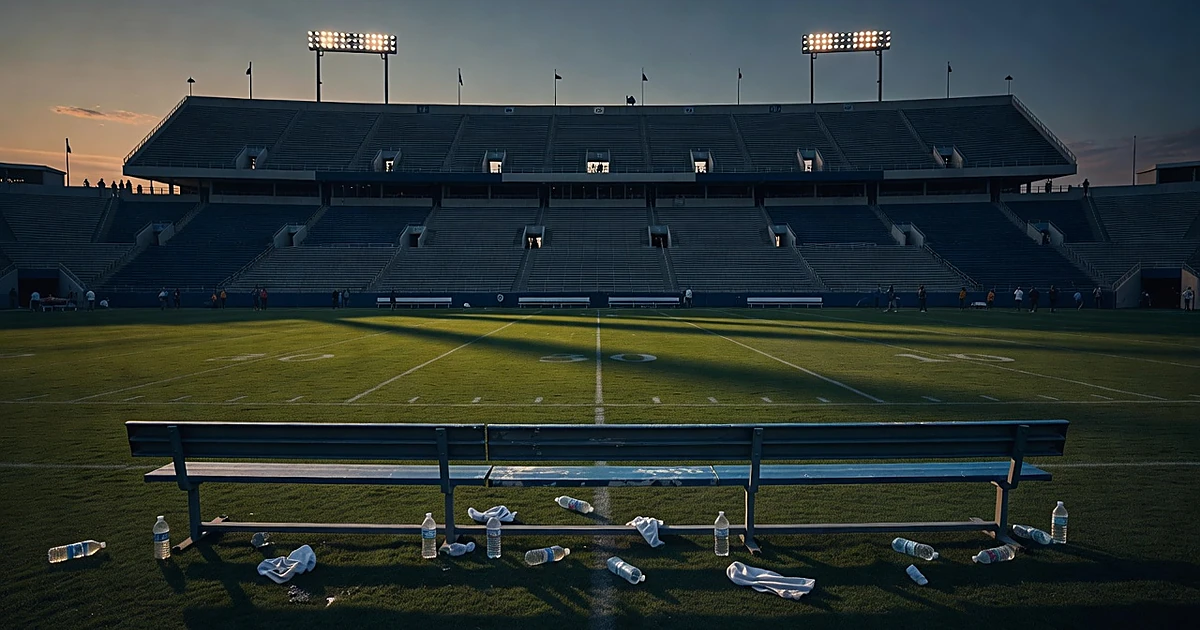 Empty college football stadium at dusk with abandoned sideline bench and scattered equipment on the field