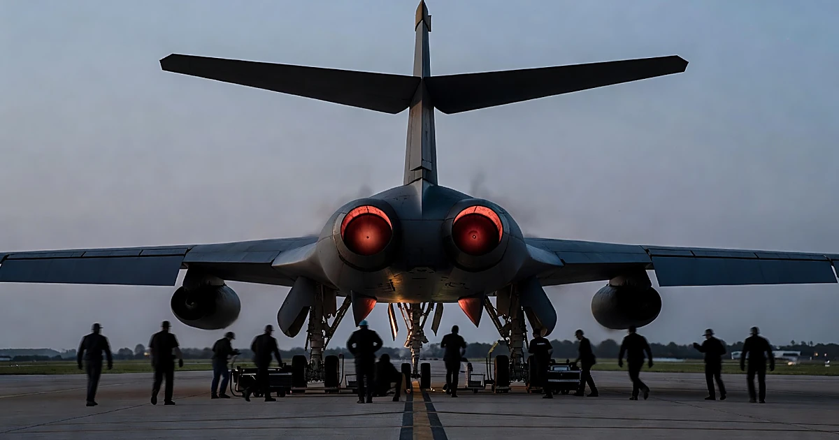 B-1 bomber on airfield at dusk with ground crew silhouettes moving beneath aircraft during urgent deployment