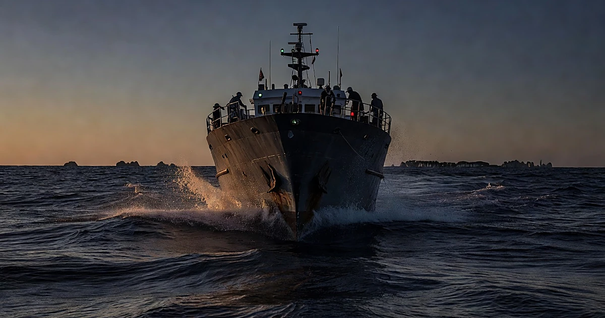 Research vessel navigating through Pacific Ocean waters at dusk toward distant atoll on horizon