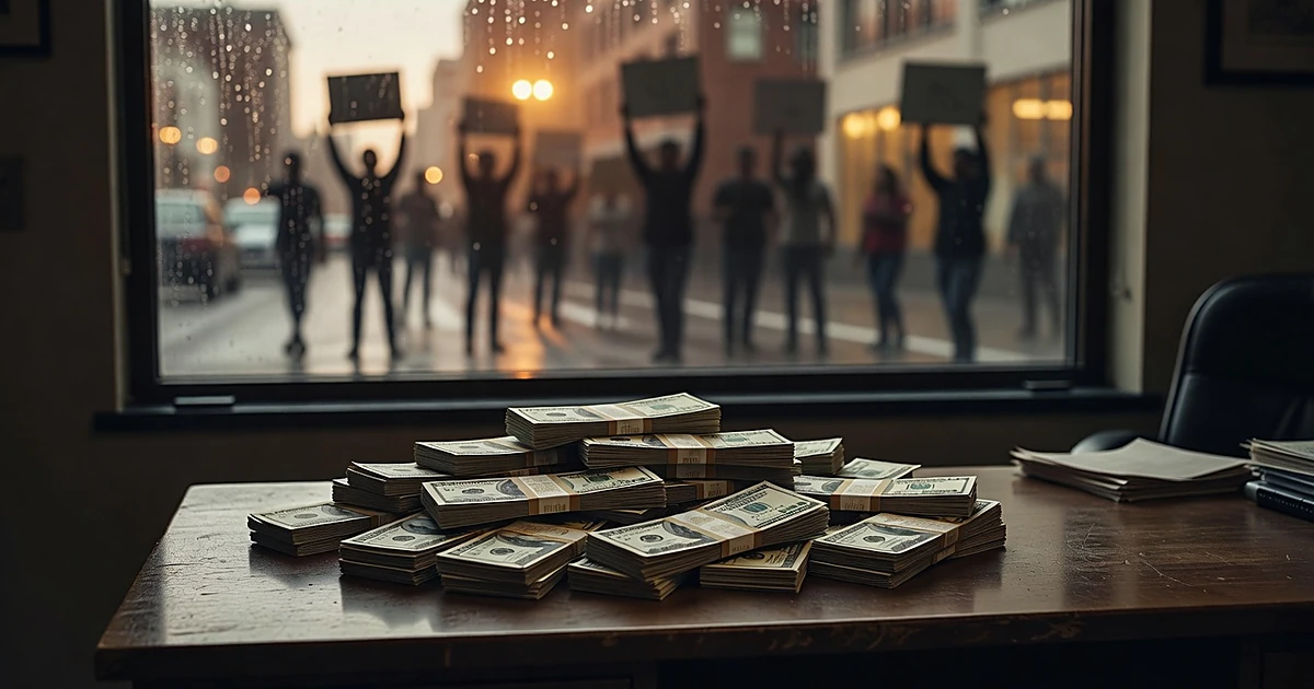 Stacks of U.S. currency on desk with silhouettes of distant protesters visible through window at dusk