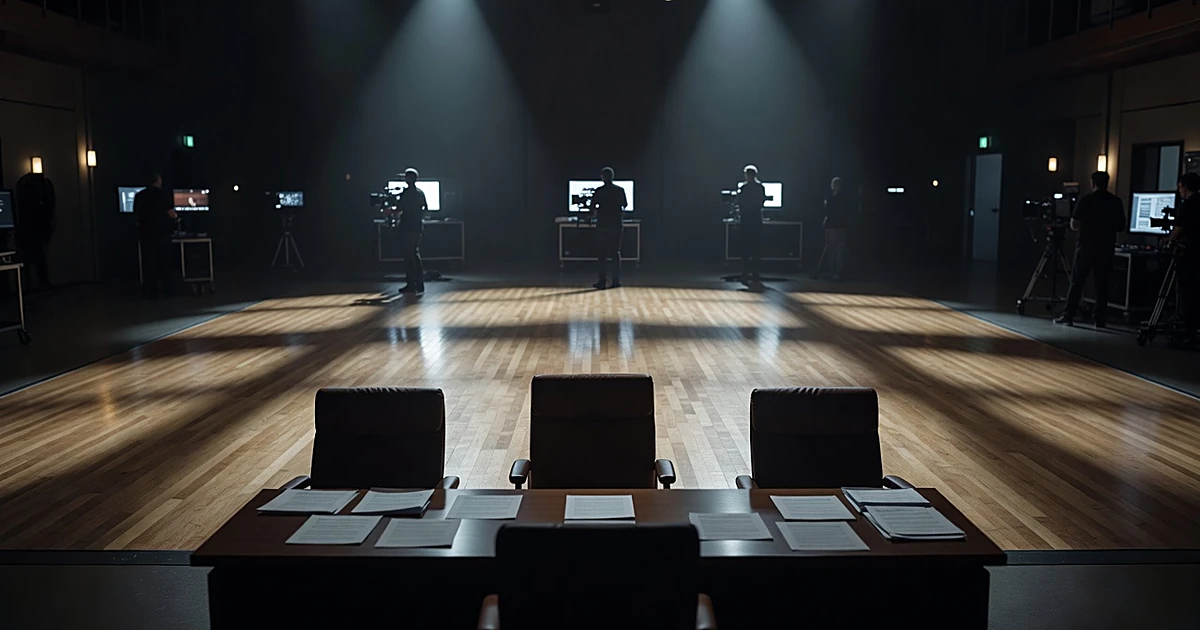 Empty television dance competition studio with judges table and scattered papers under stage lighting