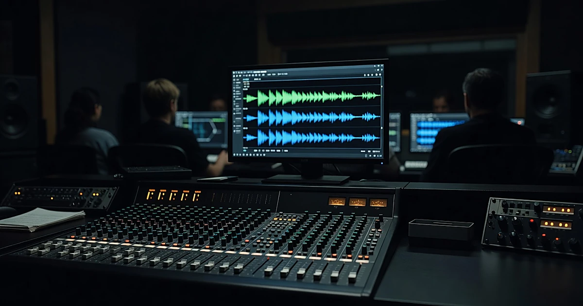 Professional audio mixing console with glowing controls in darkened studio with silhouetted figures in background