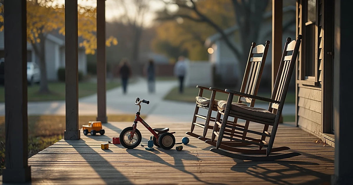 Empty front porch with children's toys and rocking chairs in warm afternoon light