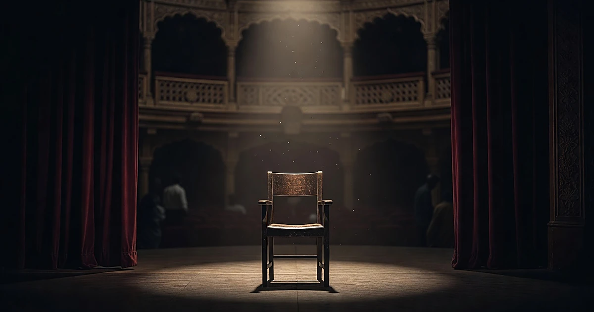 Empty wooden chair under spotlight on traditional theater stage with burgundy curtains in shadows