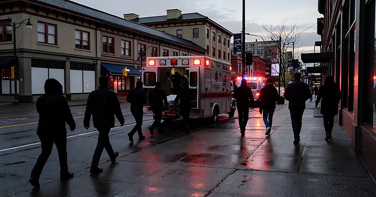 Emergency responders attending to incident on wet Seattle sidewalk at dusk with pedestrians passing by