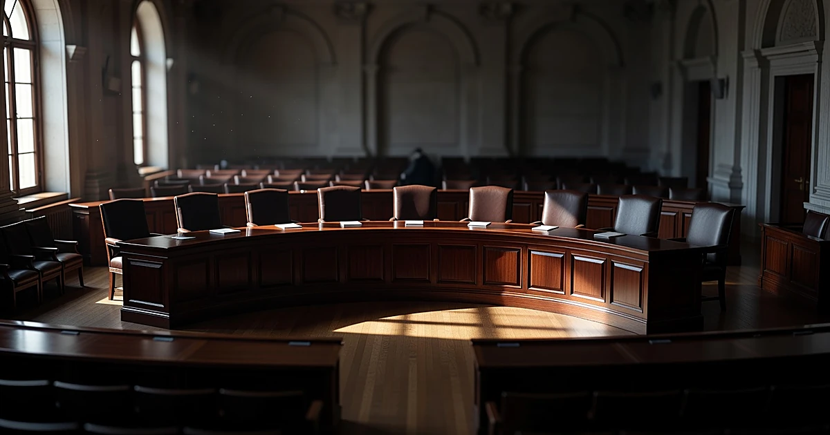 Empty Supreme Court bench with nine chairs in dramatic natural lighting from side windows