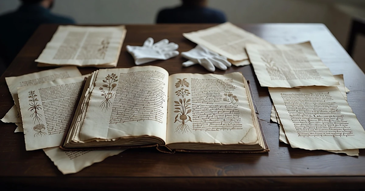 Ancient manuscript open on conservation table with loose pages scattered around showing text out of sequence