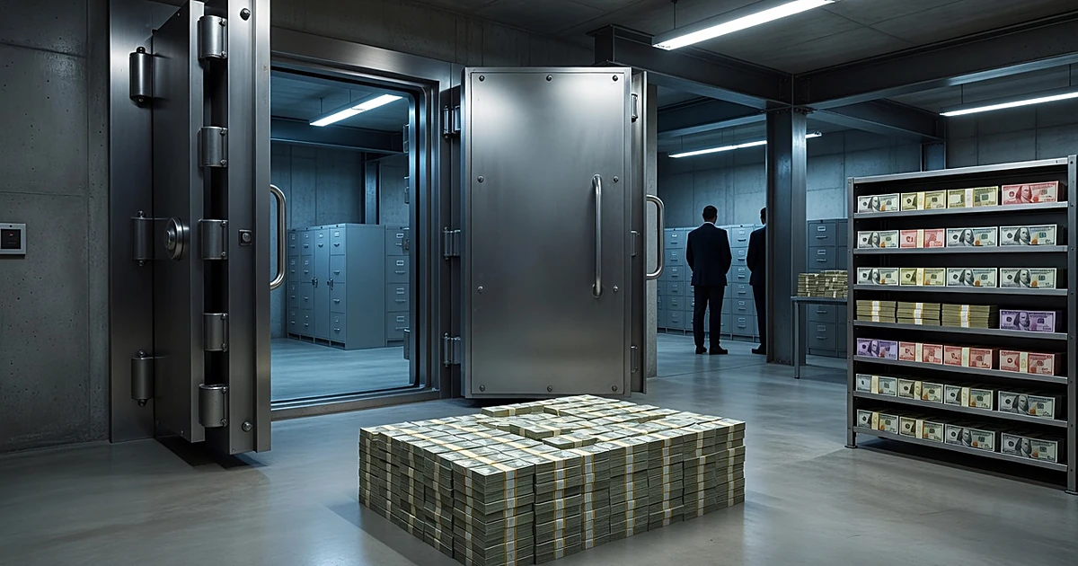 Bank vault interior with open steel doors, stacked U.S. and Canadian currency, and silhouetted figures in background