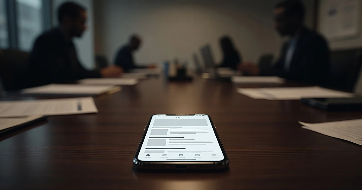 iPhone displaying Apple News app with blank content placeholders on dark desk surrounded by blurred documents