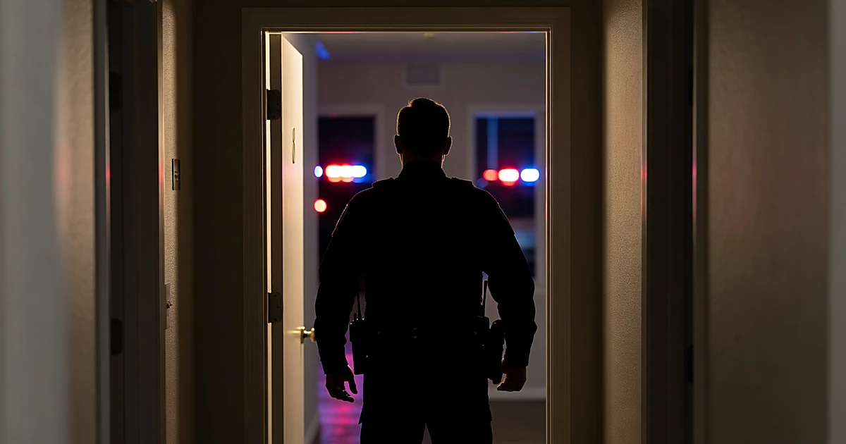 Law enforcement officer silhouette standing in residential doorway with emergency lights visible through windows