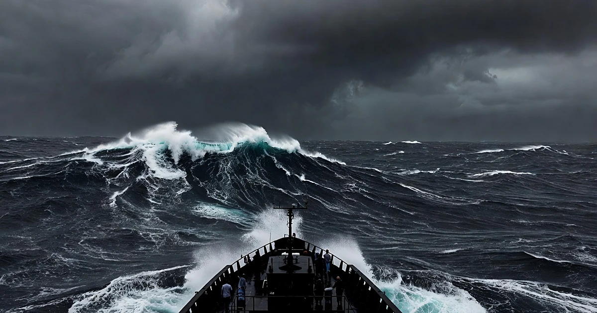Coast Guard vessel navigating large ocean swells under stormy Pacific skies with threatening weather conditions