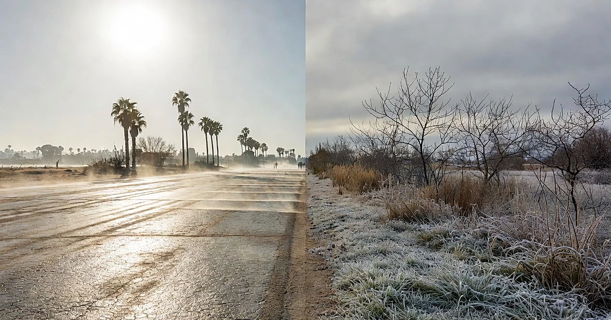 Split landscape showing sun-baked pavement with heat shimmer transitioning to frost-covered grass under gray autumn sky