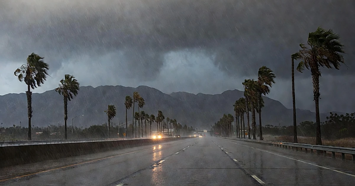 Rain-soaked highway with pooling water and palm trees bending in wind under dark storm clouds at dusk