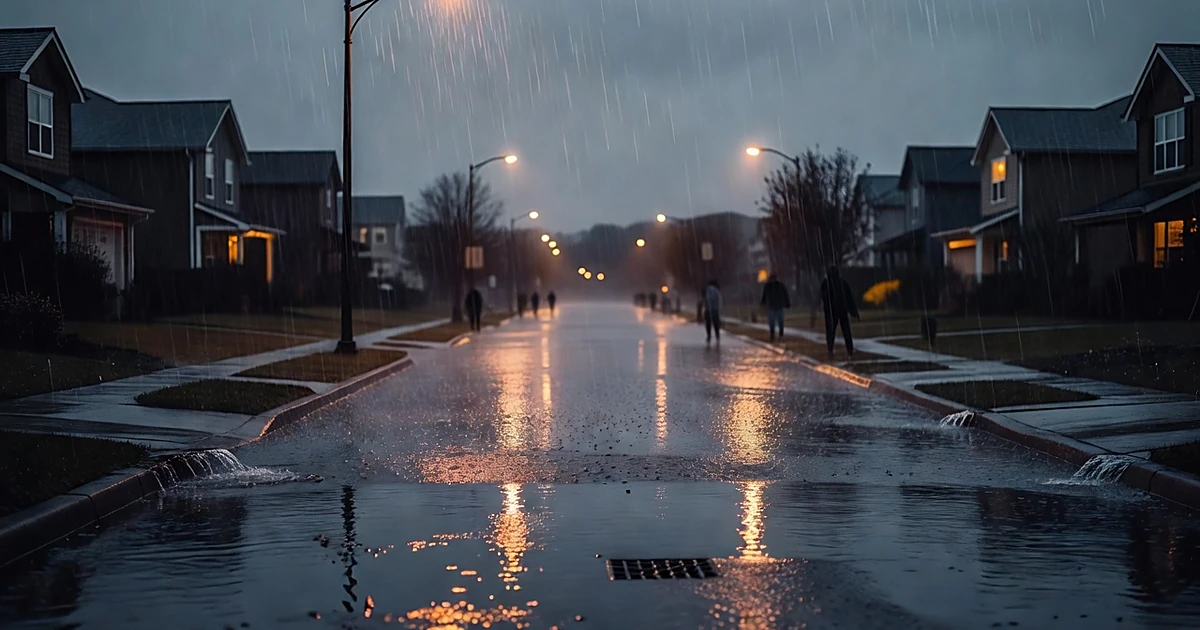 Heavy rain falls on flooded suburban street at dusk with overflowing storm drains and standing water