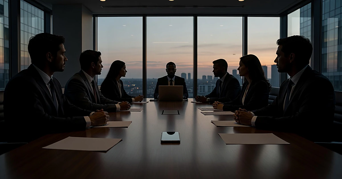 Silhouetted business figures around boardroom table with smartphone in center during tense meeting