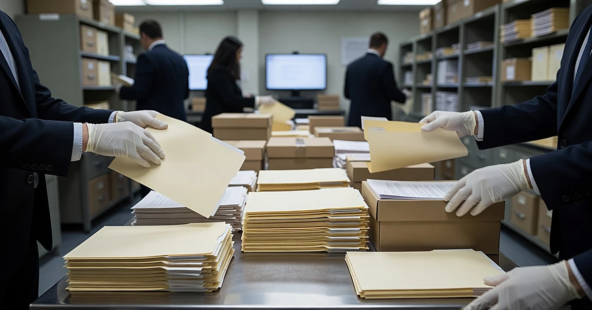 Federal evidence room with documents being sorted on steel table by silhouetted officials in dark suits