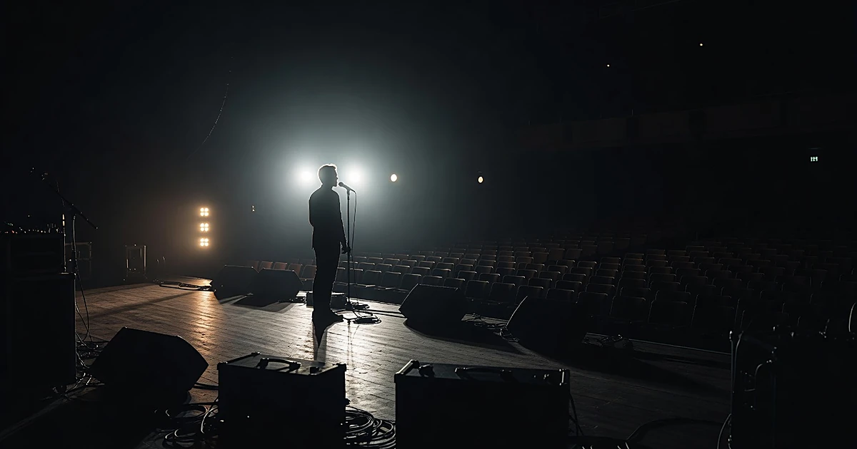 Silhouetted performer at microphone on concert stage with dramatic backlighting and empty venue seats