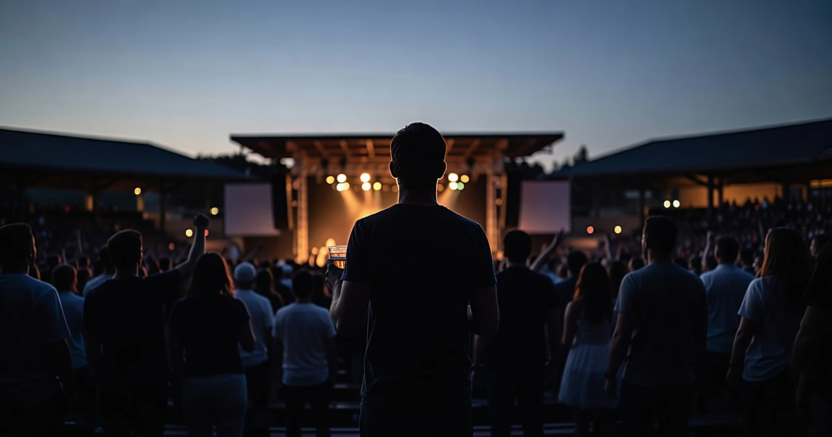 Silhouette of concert attendee holding beer at outdoor amphitheater at dusk with stage lights in background