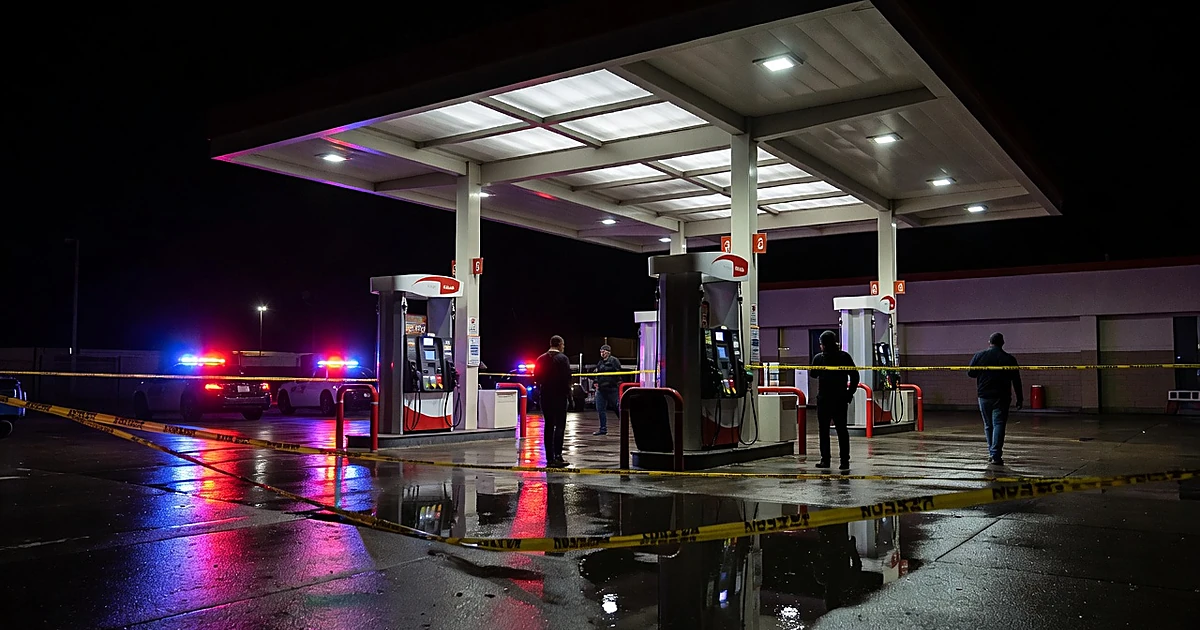 Police tape and emergency lights at gas station forecourt at night with wet pavement reflecting illumination