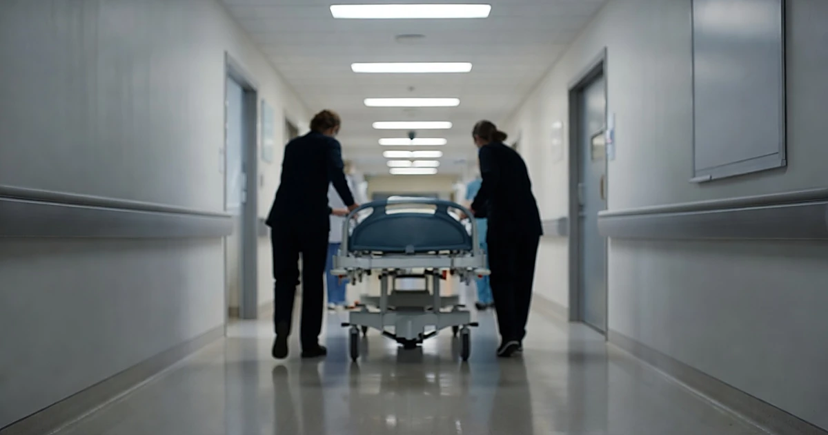Medical staff silhouettes pushing hospital gurney through brightly lit corridor