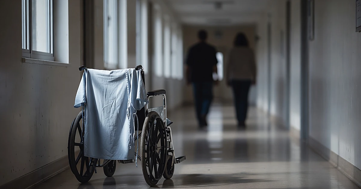 Hospital gown on wheelchair in sunlit corridor with silhouettes walking toward windows in background