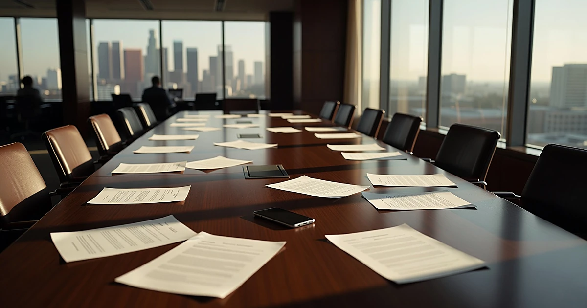 Empty Hollywood agency boardroom table with scattered blank contracts and smartphone in afternoon light