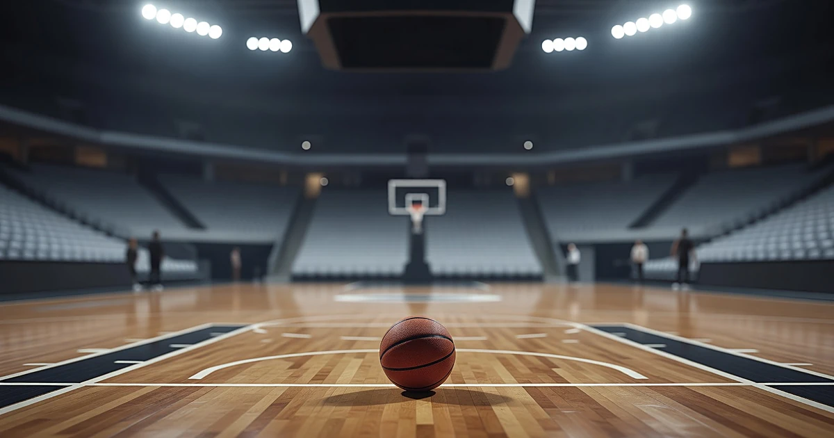 Basketball on empty professional arena court under stadium lights with blurred seating in background