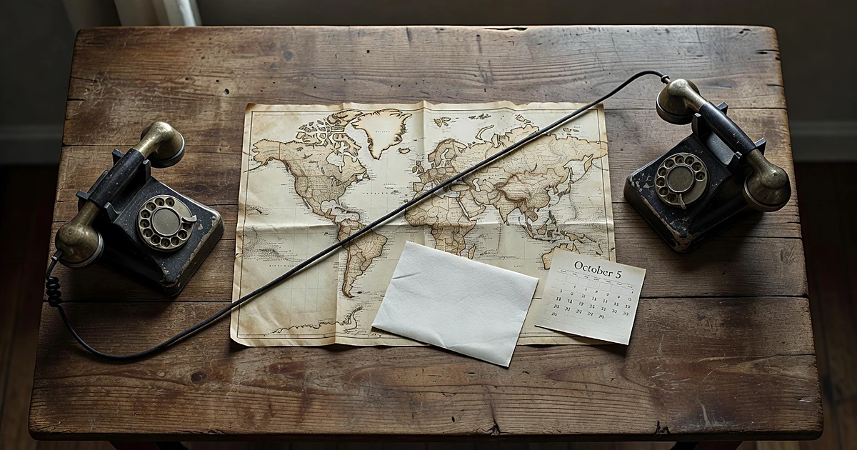 Two vintage telephones on opposite ends of table with world map and calendar between them